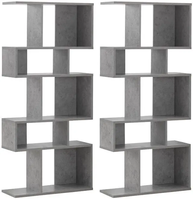 Main image of 5-Tier Geometric Bookshelf Set of 2, 70'' Tall Wood Freestanding Decorative Display Open Shelves with Anti-Tipping Device, Each Shelf Holds up to 44 lbs, Wooden S Shaped Bookcase, Gray