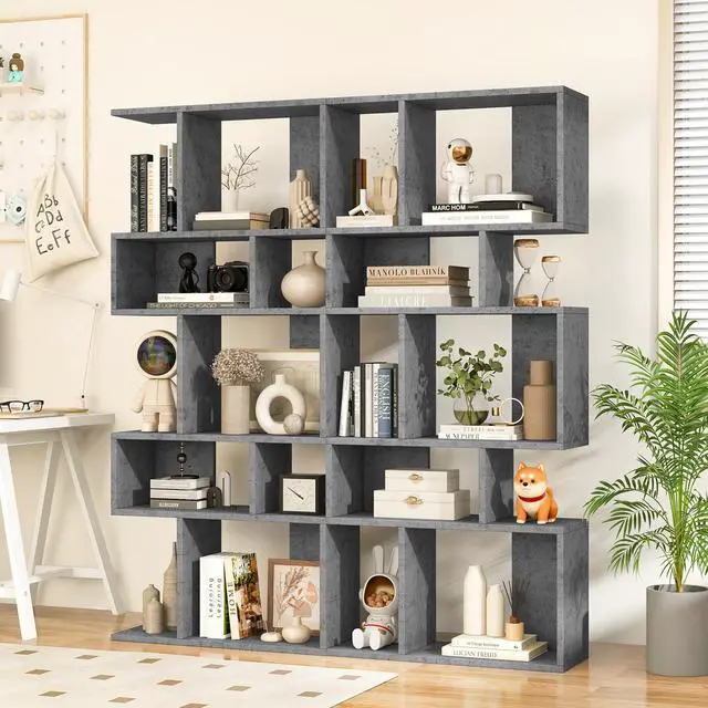 Alt view image 2 of 6 - 5-Tier Geometric Bookshelf Set of 2, 70'' Tall Wood Freestanding Decorative Display Open Shelves with Anti-Tipping Device, Each Shelf Holds up to 44 lbs, Wooden S Shaped Bookcase, Gray