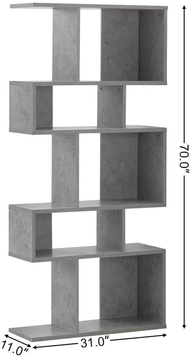 Alt view image 3 of 6 - 5-Tier Geometric Bookshelf Set of 2, 70'' Tall Wood Freestanding Decorative Display Open Shelves with Anti-Tipping Device, Each Shelf Holds up to 44 lbs, Wooden S Shaped Bookcase, Gray