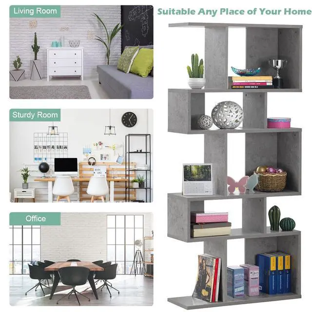 Alt view image 5 of 6 - 5-Tier Geometric Bookshelf Set of 2, 70'' Tall Wood Freestanding Decorative Display Open Shelves with Anti-Tipping Device, Each Shelf Holds up to 44 lbs, Wooden S Shaped Bookcase, Gray