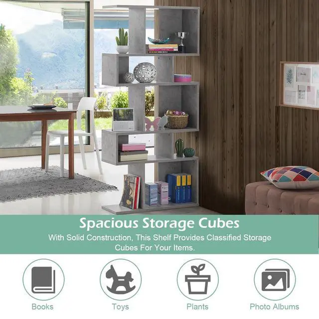 Alt view image 6 of 6 - 5-Tier Geometric Bookshelf Set of 2, 70'' Tall Wood Freestanding Decorative Display Open Shelves with Anti-Tipping Device, Each Shelf Holds up to 44 lbs, Wooden S Shaped Bookcase, Gray