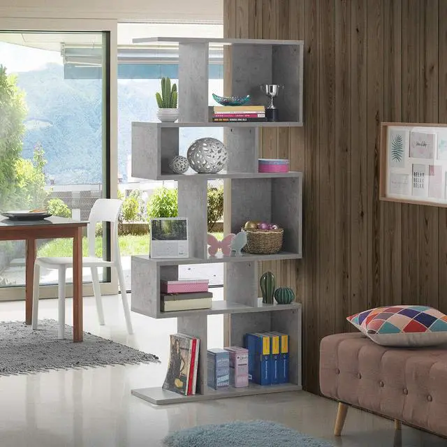 Alt view image 2 of 6 - 5-Tier Geometric Bookshelf, 70" Tall Wood Freestanding Decorative Display Open Shelves with Anti-Tipping Device, Each Shelf Holds up to 44 lbs, Wooden S Shaped Bookcase, Gray