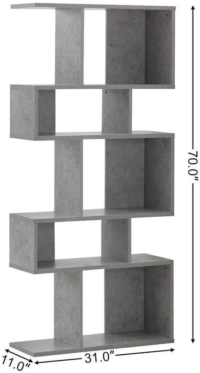 Alt view image 3 of 6 - 5-Tier Geometric Bookshelf, 70" Tall Wood Freestanding Decorative Display Open Shelves with Anti-Tipping Device, Each Shelf Holds up to 44 lbs, Wooden S Shaped Bookcase, Gray