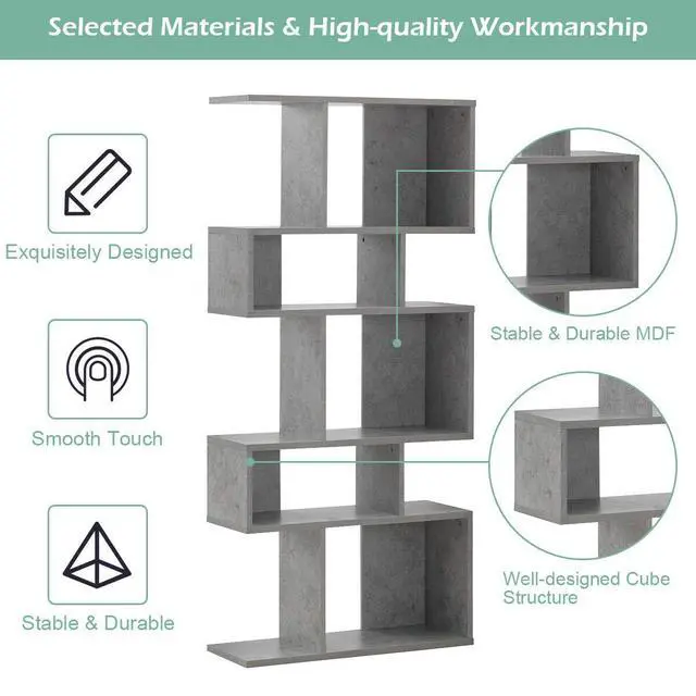 Alt view image 4 of 6 - 5-Tier Geometric Bookshelf, 70" Tall Wood Freestanding Decorative Display Open Shelves with Anti-Tipping Device, Each Shelf Holds up to 44 lbs, Wooden S Shaped Bookcase, Gray