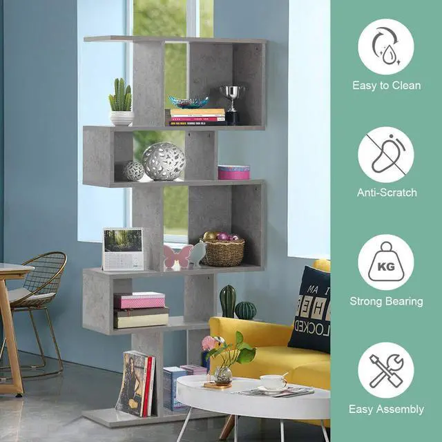Alt view image 5 of 6 - 5-Tier Geometric Bookshelf, 70" Tall Wood Freestanding Decorative Display Open Shelves with Anti-Tipping Device, Each Shelf Holds up to 44 lbs, Wooden S Shaped Bookcase, Gray