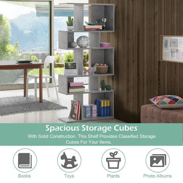 Alt view image 6 of 6 - 5-Tier Geometric Bookshelf, 70" Tall Wood Freestanding Decorative Display Open Shelves with Anti-Tipping Device, Each Shelf Holds up to 44 lbs, Wooden S Shaped Bookcase, Gray