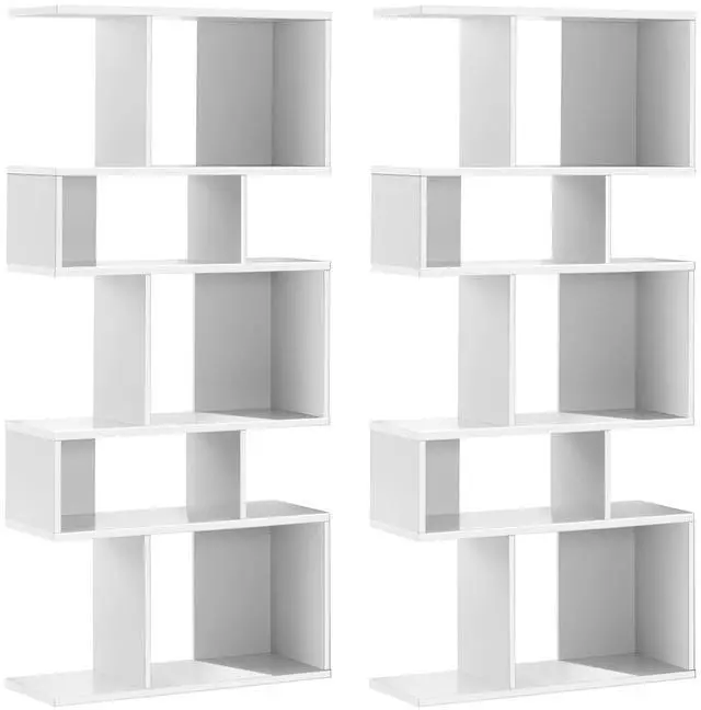 Main image of 5-Tier Geometric Bookshelf White Set of 2, 70'' Tall Wood Freestanding Decorative Display Open Shelves with Anti-Tipping Device, Each Shelf Holds up to 44 lbs, Wooden S Shaped Bookcase