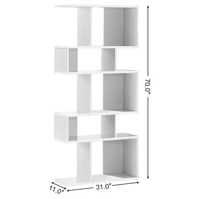 Alt view image 3 of 6 - 5-Tier Geometric Bookshelf White Set of 2, 70'' Tall Wood Freestanding Decorative Display Open Shelves with Anti-Tipping Device, Each Shelf Holds up to 44 lbs, Wooden S Shaped Bookcase