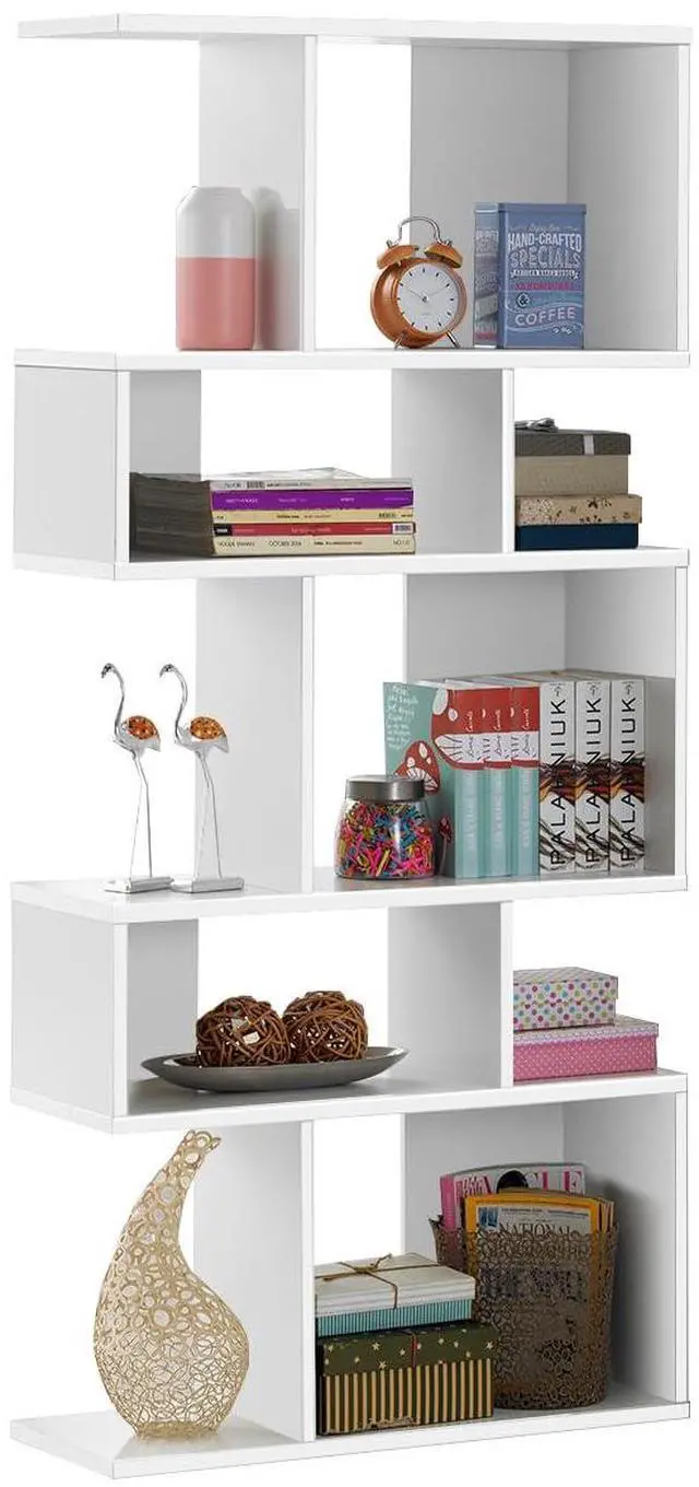 Main image of 5-Tier Geometric Bookshelf White, 70'' Tall Wood Freestanding Decorative Display Open Shelves with Anti-Tipping Device, Each Shelf Holds up to 44 lbs, Wooden S Shaped Bookcase