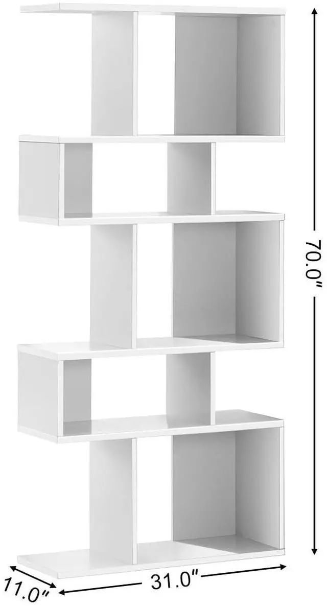 Alt view image 3 of 6 - 5-Tier Geometric Bookshelf White, 70'' Tall Wood Freestanding Decorative Display Open Shelves with Anti-Tipping Device, Each Shelf Holds up to 44 lbs, Wooden S Shaped Bookcase