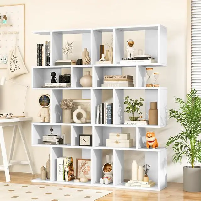 Alt view image 5 of 6 - 5-Tier Geometric Bookshelf White, 70'' Tall Wood Freestanding Decorative Display Open Shelves with Anti-Tipping Device, Each Shelf Holds up to 44 lbs, Wooden S Shaped Bookcase