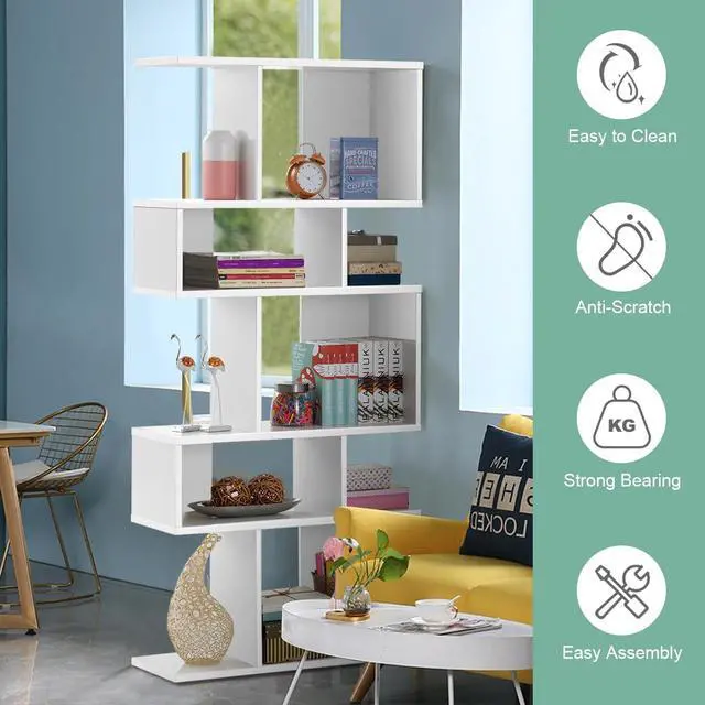 Alt view image 6 of 6 - 5-Tier Geometric Bookshelf White, 70'' Tall Wood Freestanding Decorative Display Open Shelves with Anti-Tipping Device, Each Shelf Holds up to 44 lbs, Wooden S Shaped Bookcase