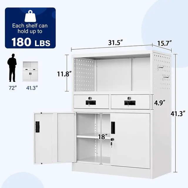 Alt view image 3 of 6 - Locking Cabinet with 2 Drawers, Metal Storage Cabinet with Locking Doors and Shelves - 41.3" Steel Lockable Storage Cabinet, Metal Cabinet for Home Office, Garage, School (White)