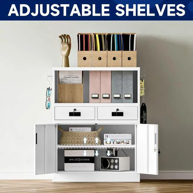 Alt view image 4 of 6 - Locking Cabinet with 2 Drawers, Metal Storage Cabinet with Locking Doors and Shelves - 41.3" Steel Lockable Storage Cabinet, Metal Cabinet for Home Office, Garage, School (White)