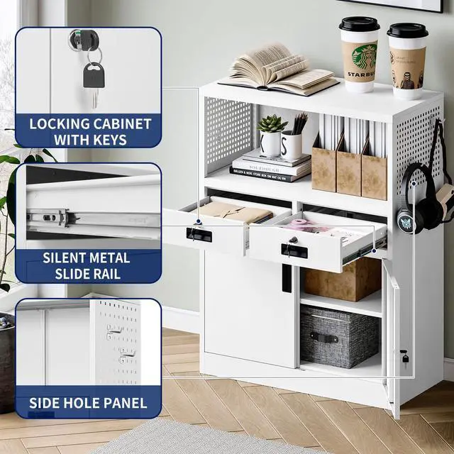 Alt view image 6 of 6 - Locking Cabinet with 2 Drawers, Metal Storage Cabinet with Locking Doors and Shelves - 41.3" Steel Lockable Storage Cabinet, Metal Cabinet for Home Office, Garage, School (White)