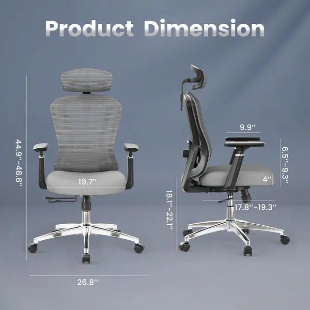 Alt view image 2 of 6 - Ergonomic Office Chair Desk Chair, High Back Computer Chair with Wheels, Home Sutdy Chair for Heavy People, Mesh Office Chair Adjustable Seat Depth, 3D Armrests and Adjustable Headrest, Grey