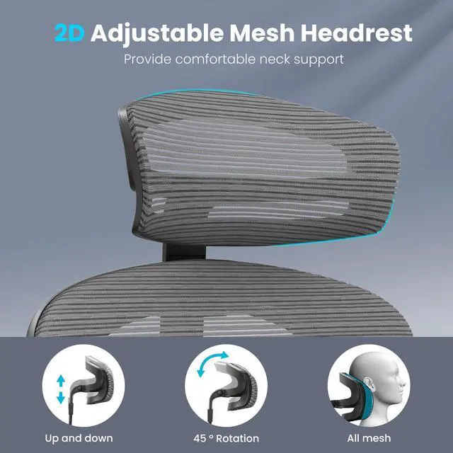 Alt view image 3 of 6 - Ergonomic Office Chair Desk Chair, High Back Computer Chair with Wheels, Home Sutdy Chair for Heavy People, Mesh Office Chair Adjustable Seat Depth, 3D Armrests and Adjustable Headrest, Grey