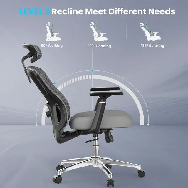 Alt view image 4 of 6 - Ergonomic Office Chair Desk Chair, High Back Computer Chair with Wheels, Home Sutdy Chair for Heavy People, Mesh Office Chair Adjustable Seat Depth, 3D Armrests and Adjustable Headrest, Grey