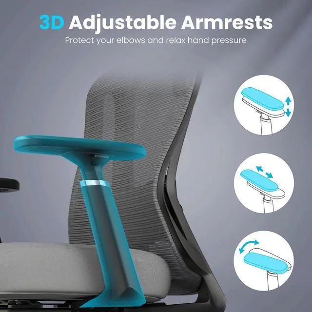 Alt view image 5 of 6 - Ergonomic Office Chair Desk Chair, High Back Computer Chair with Wheels, Home Sutdy Chair for Heavy People, Mesh Office Chair Adjustable Seat Depth, 3D Armrests and Adjustable Headrest, Grey