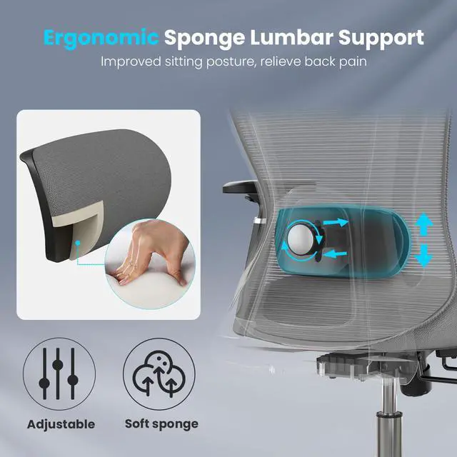 Alt view image 6 of 6 - Ergonomic Office Chair Desk Chair, High Back Computer Chair with Wheels, Home Sutdy Chair for Heavy People, Mesh Office Chair Adjustable Seat Depth, 3D Armrests and Adjustable Headrest, Grey