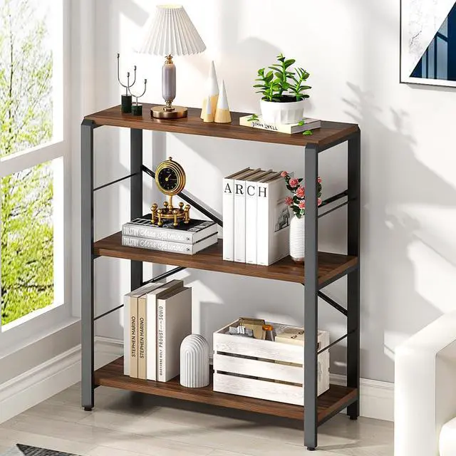 Main image of Small Bookshelf, 3 Tier Rustic Book Shelf with Storage, Industrial Low Short Bookcases for Office, Bedroom and Living Room, Rustic Walnut
