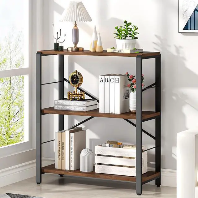 Alt view image 3 of 6 - Small Bookshelf, 3 Tier Rustic Book Shelf with Storage, Industrial Low Short Bookcases for Office, Bedroom and Living Room, Rustic Walnut