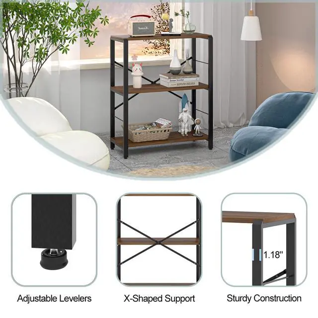 Alt view image 6 of 6 - Small Bookshelf, 3 Tier Rustic Book Shelf with Storage, Industrial Low Short Bookcases for Office, Bedroom and Living Room, Rustic Walnut