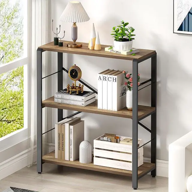Main image of Small Bookshelf, 3 Tier Open Book Shelf, Rustic Wood and Metal Shelving Unit for Small Space, Oak