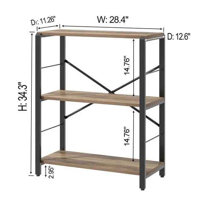 Alt view image 2 of 6 - Small Bookshelf, 3 Tier Open Book Shelf, Rustic Wood and Metal Shelving Unit for Small Space, Oak