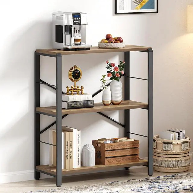 Alt view image 3 of 6 - Small Bookshelf, 3 Tier Open Book Shelf, Rustic Wood and Metal Shelving Unit for Small Space, Oak