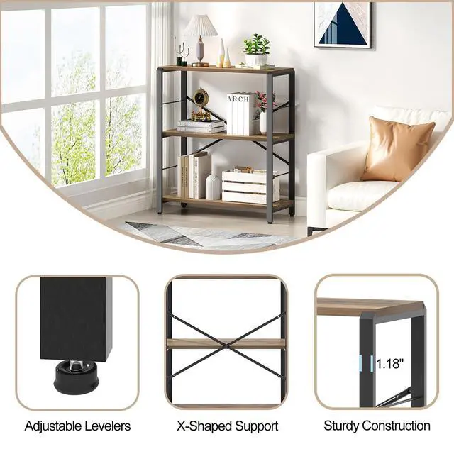 Alt view image 6 of 6 - Small Bookshelf, 3 Tier Open Book Shelf, Rustic Wood and Metal Shelving Unit for Small Space, Oak