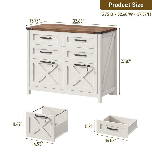 Alt view image 2 of 6 - Lateral File Cabinet with 6 Drawers, Farmhouse File Cabinet with Lock for Letter/A4 Size, Large Wood File Storage Cabinets Printer Stand for Home Office Cabinets, Rustic White