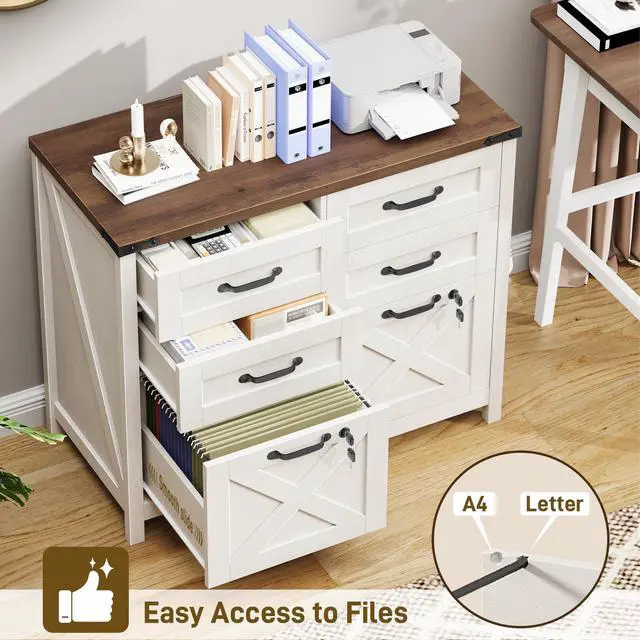 Alt view image 3 of 6 - Lateral File Cabinet with 6 Drawers, Farmhouse File Cabinet with Lock for Letter/A4 Size, Large Wood File Storage Cabinets Printer Stand for Home Office Cabinets, Rustic White