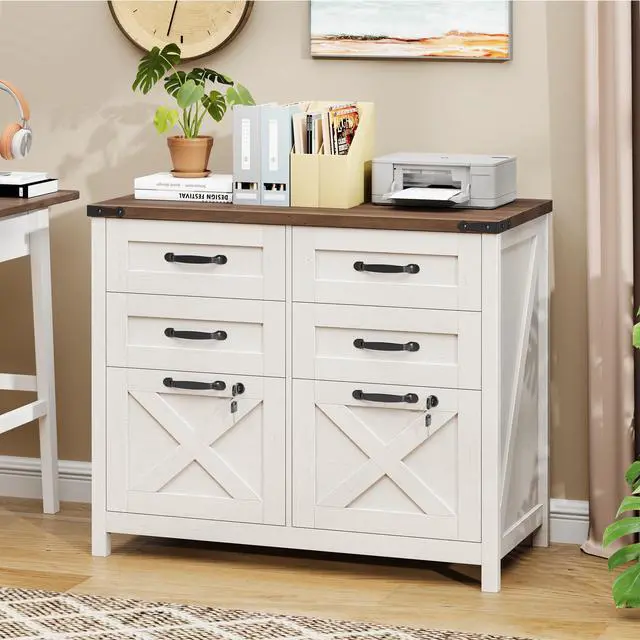 Alt view image 4 of 6 - Lateral File Cabinet with 6 Drawers, Farmhouse File Cabinet with Lock for Letter/A4 Size, Large Wood File Storage Cabinets Printer Stand for Home Office Cabinets, Rustic White