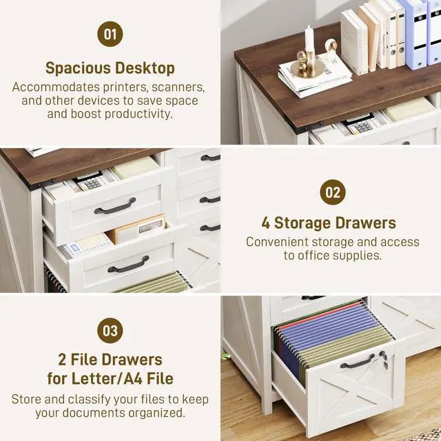 Alt view image 5 of 6 - Lateral File Cabinet with 6 Drawers, Farmhouse File Cabinet with Lock for Letter/A4 Size, Large Wood File Storage Cabinets Printer Stand for Home Office Cabinets, Rustic White