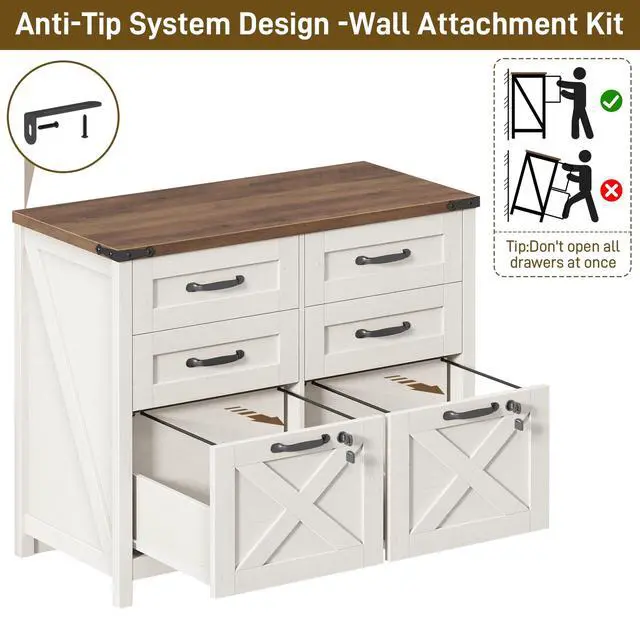 Alt view image 6 of 6 - Lateral File Cabinet with 6 Drawers, Farmhouse File Cabinet with Lock for Letter/A4 Size, Large Wood File Storage Cabinets Printer Stand for Home Office Cabinets, Rustic White