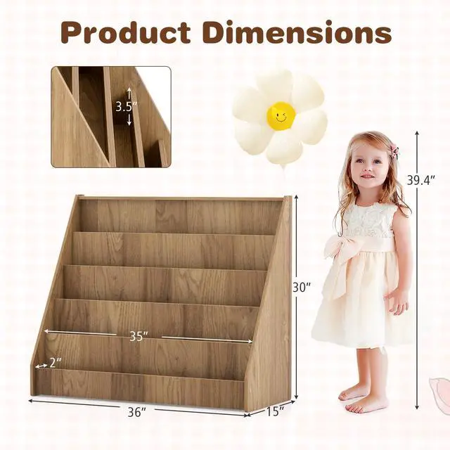 Alt view image 3 of 6 - Kids Bookshelf, 5-Tier Wooden Toddler Bookcase, Children Book Rack & Magazine Display Shelf, Toy Storage Organizer, Book Shelf for Kids Rooms, Playroom, Nursery, Classroom (Natural)
