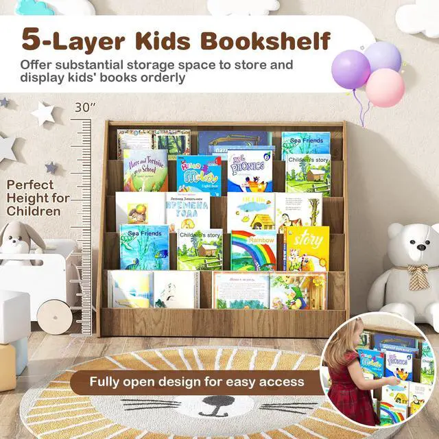 Alt view image 4 of 6 - Kids Bookshelf, 5-Tier Wooden Toddler Bookcase, Children Book Rack & Magazine Display Shelf, Toy Storage Organizer, Book Shelf for Kids Rooms, Playroom, Nursery, Classroom (Natural)