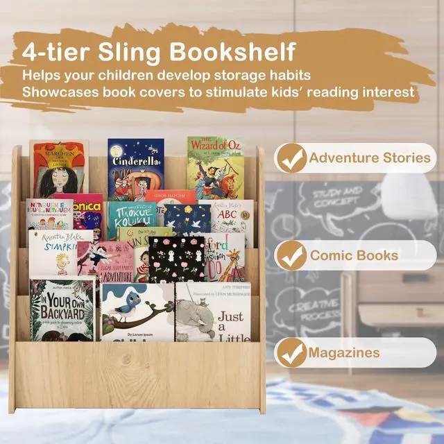 Alt view image 4 of 6 - Kids Bookshelf, 4-Tier Wooden Toddler Bookcase, Children Book Rack & Magazine Display Shelf, Toy Storage Organizer, Book Shelf for Kids Rooms, Playroom, Nursery, Classroom (Natural)