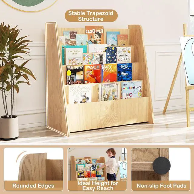 Alt view image 5 of 6 - Kids Bookshelf, 4-Tier Wooden Toddler Bookcase, Children Book Rack & Magazine Display Shelf, Toy Storage Organizer, Book Shelf for Kids Rooms, Playroom, Nursery, Classroom (Natural)