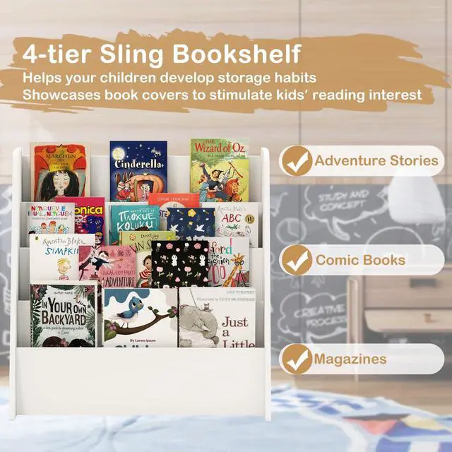 Alt view image 4 of 6 - Kids Bookshelf, 4-Tier Wooden Toddler Bookcase, Children Book Rack & Magazine Display Shelf, Toy Storage Organizer, Book Shelf for Kids Rooms, Playroom, Nursery, Classroom (White)