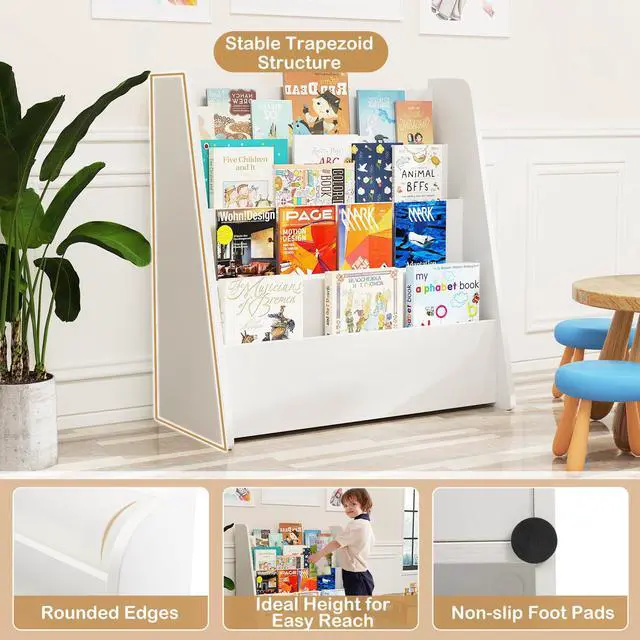 Alt view image 5 of 6 - Kids Bookshelf, 4-Tier Wooden Toddler Bookcase, Children Book Rack & Magazine Display Shelf, Toy Storage Organizer, Book Shelf for Kids Rooms, Playroom, Nursery, Classroom (White)