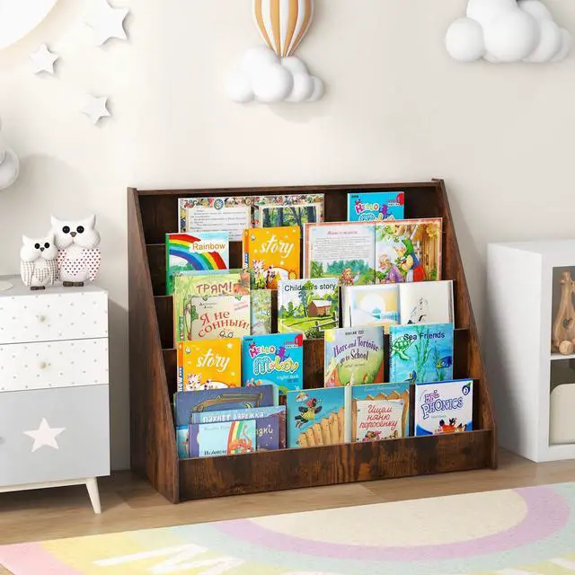 Alt view image 2 of 6 - Kids Bookshelf, 5-Tier Wooden Toddler Bookcase, Children Book Rack & Magazine Display Shelf, Toy Storage Organizer, Book Shelf for Kids Rooms, Playroom, Nursery, Classroom (Rustic Brown)