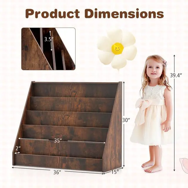 Alt view image 3 of 6 - Kids Bookshelf, 5-Tier Wooden Toddler Bookcase, Children Book Rack & Magazine Display Shelf, Toy Storage Organizer, Book Shelf for Kids Rooms, Playroom, Nursery, Classroom (Rustic Brown)