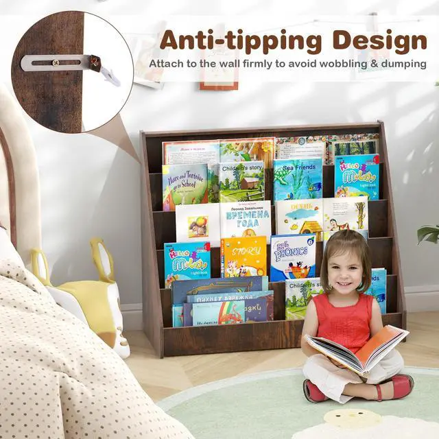 Alt view image 4 of 6 - Kids Bookshelf, 5-Tier Wooden Toddler Bookcase, Children Book Rack & Magazine Display Shelf, Toy Storage Organizer, Book Shelf for Kids Rooms, Playroom, Nursery, Classroom (Rustic Brown)