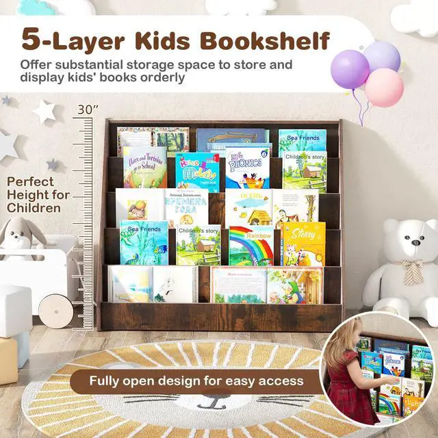 Alt view image 5 of 6 - Kids Bookshelf, 5-Tier Wooden Toddler Bookcase, Children Book Rack & Magazine Display Shelf, Toy Storage Organizer, Book Shelf for Kids Rooms, Playroom, Nursery, Classroom (Rustic Brown)