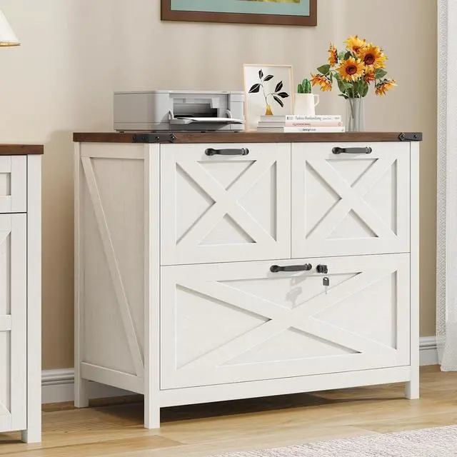 Main image of Lateral File Cabinet with 3 Drawers, Farmhouse File Cabinet with Lock for Letter/A4/Legal Size Hanging Files, Wood File Storage Cabinets Printer Stand for Home Office Cabinets, Rustic White