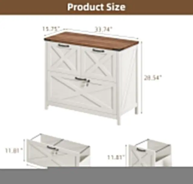 Alt view image 2 of 6 - Lateral File Cabinet with 3 Drawers, Farmhouse File Cabinet with Lock for Letter/A4/Legal Size Hanging Files, Wood File Storage Cabinets Printer Stand for Home Office Cabinets, Rustic White
