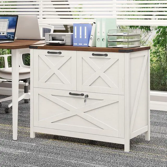 Alt view image 3 of 6 - Lateral File Cabinet with 3 Drawers, Farmhouse File Cabinet with Lock for Letter/A4/Legal Size Hanging Files, Wood File Storage Cabinets Printer Stand for Home Office Cabinets, Rustic White