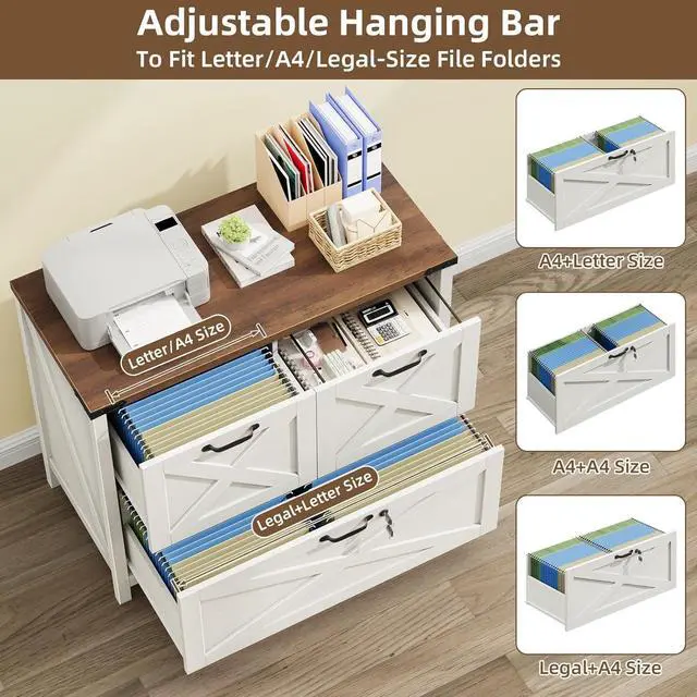 Alt view image 4 of 6 - Lateral File Cabinet with 3 Drawers, Farmhouse File Cabinet with Lock for Letter/A4/Legal Size Hanging Files, Wood File Storage Cabinets Printer Stand for Home Office Cabinets, Rustic White
